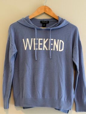 Women's Rachel Zoe Light Blue Long Sleeve Knit Hoodie with WEEKEND Script Size S
